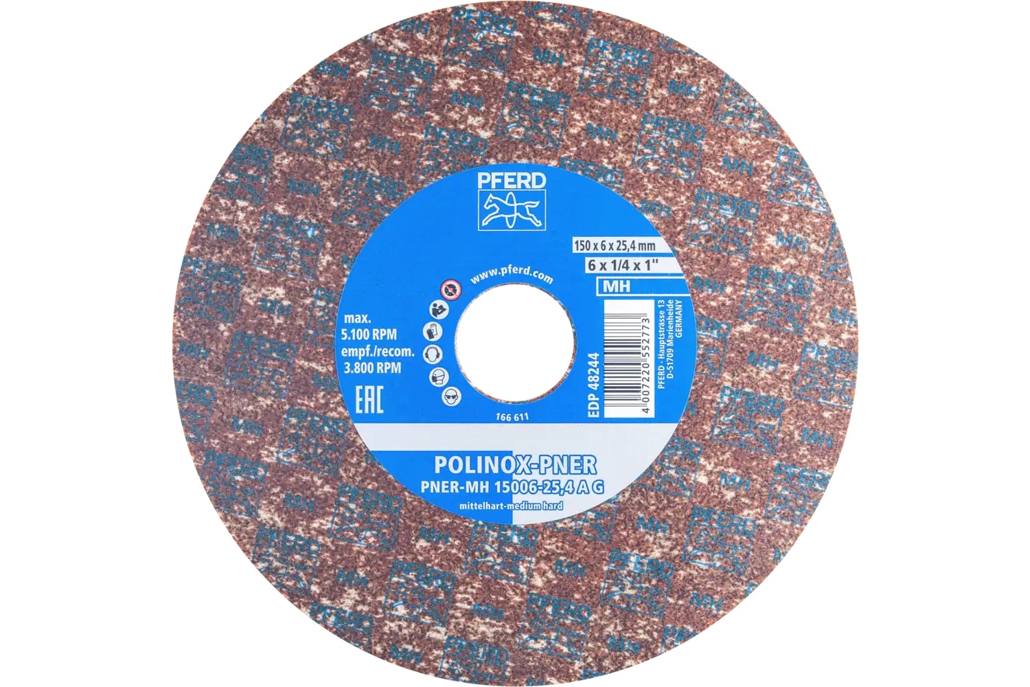 Picture of Pferd Polinox® Unitized Wheel, 6" X 1/4 X 1, Coarse, Medium-Hard, 6Ac, Aluminum Oxide